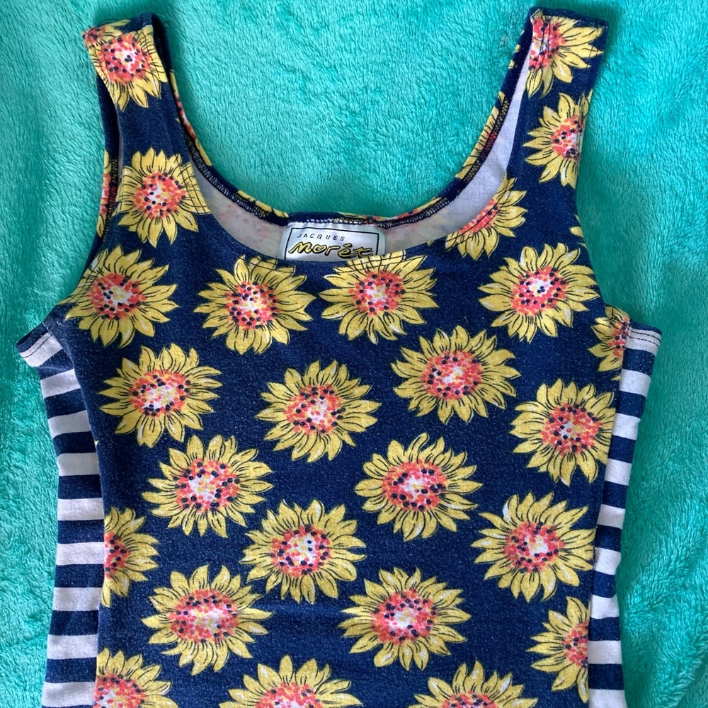 Jacques Morét blue crop tank with yellow SUNFLOWERS